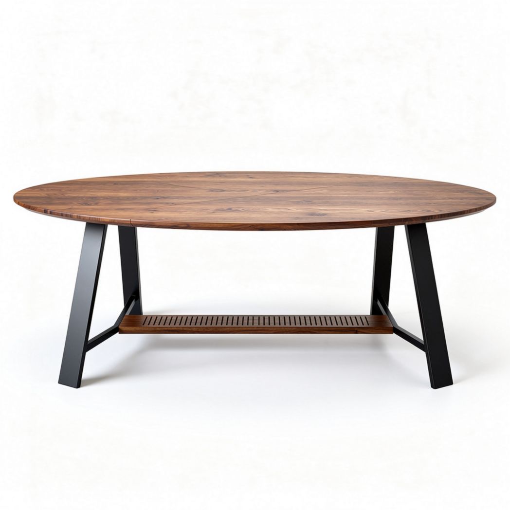 Ronde salontafel van hout met metalen onderstel 150 x 80 x 40cm