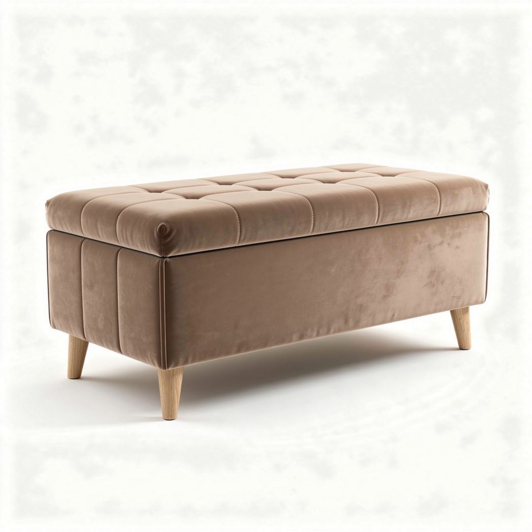 opbergbank van velours in beige met houten poten 100 x 40 x 45cm