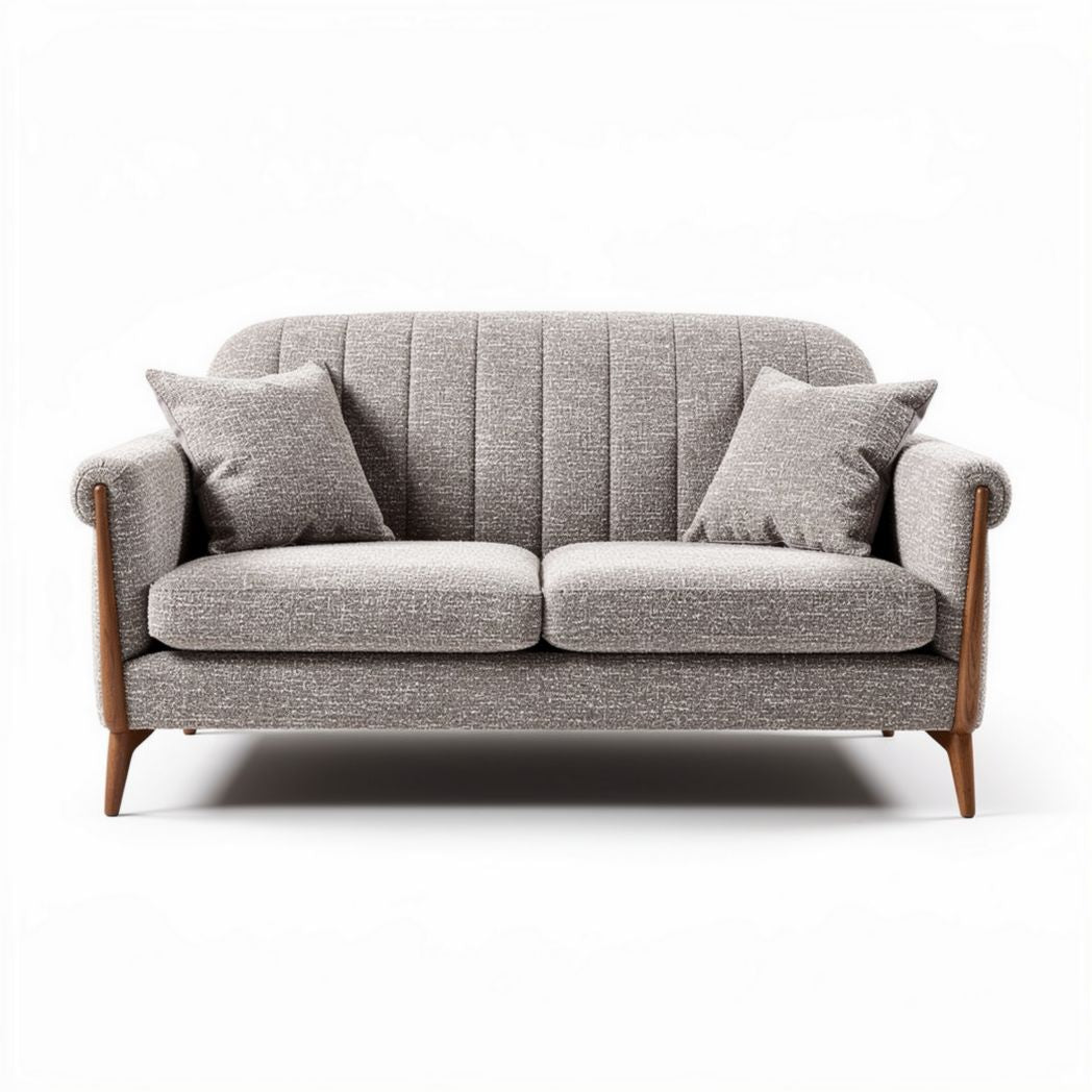 Grijs stoffen bank met houten poten en twee kussens 195 x 90 x 85cm