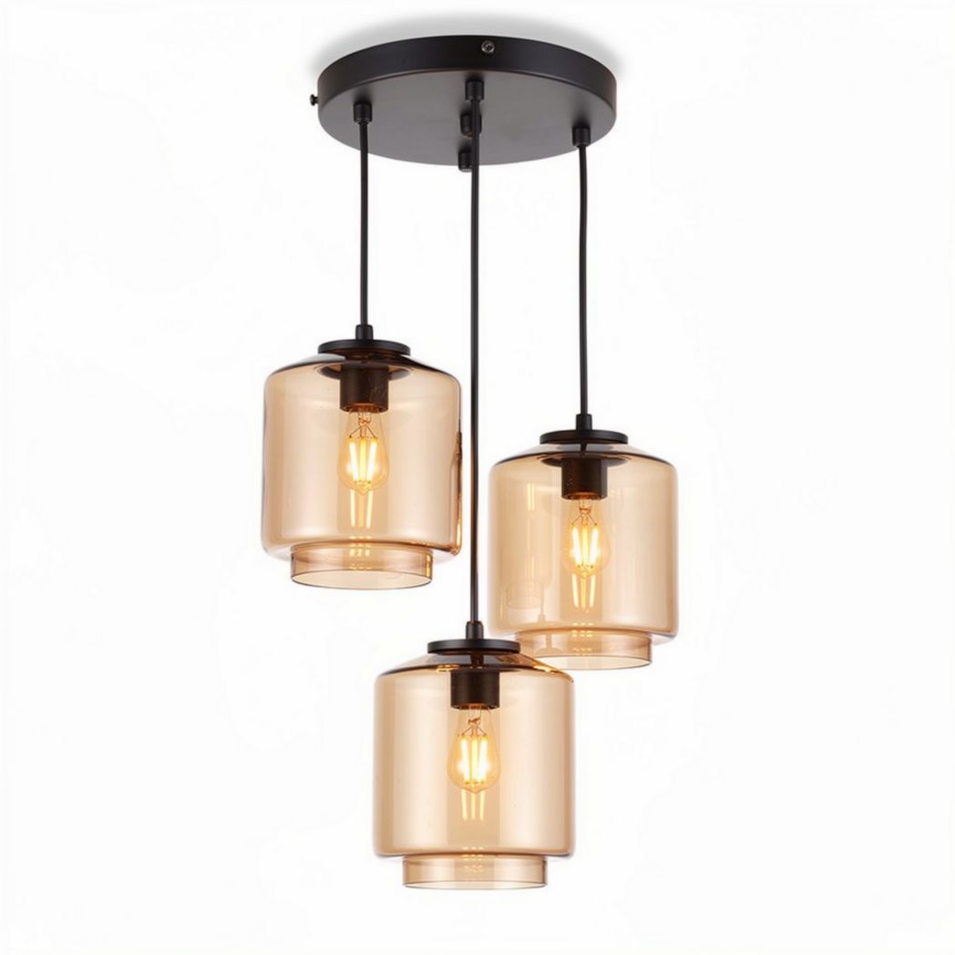 Hanglamp met drie rookglazen kappen en zwarte ophangstructuur 20 x 20 x 30cm